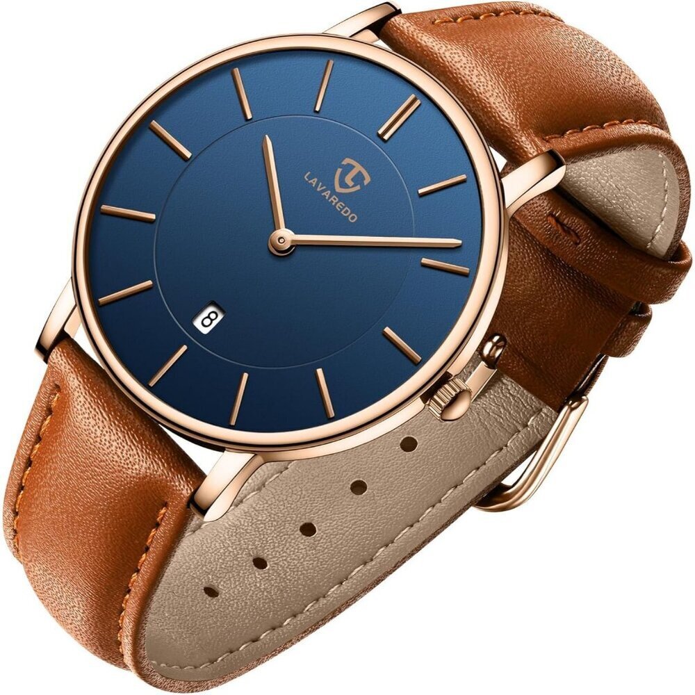 Men's Blue White Leather Strap Analog Minimal Simple Stylish Buckle Wrist Watch